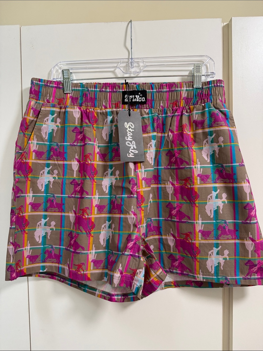2 Fly Co NWT 2X Plus Pink & Brown Plaid Boxer Shorts 100% Cotton Western Rodeo